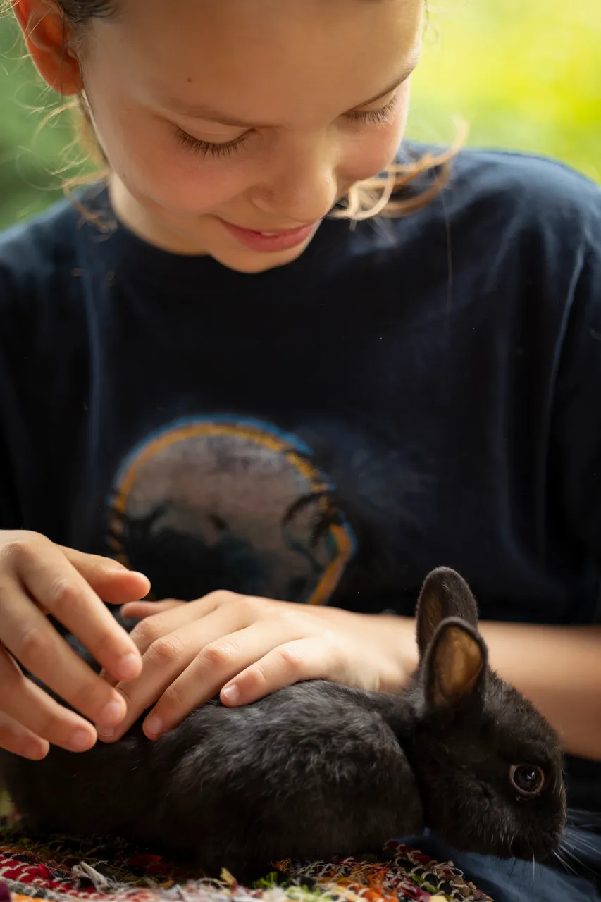Kind kuschelt im Freien mit einem Kaninchen